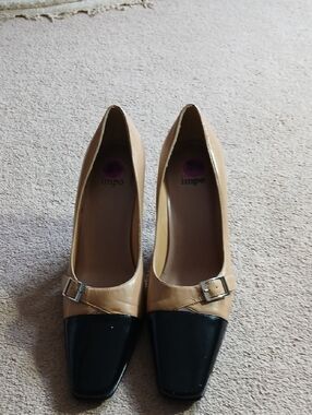 Impo Two-Tone Tan and Black Square-Toe Pumps with Buckle